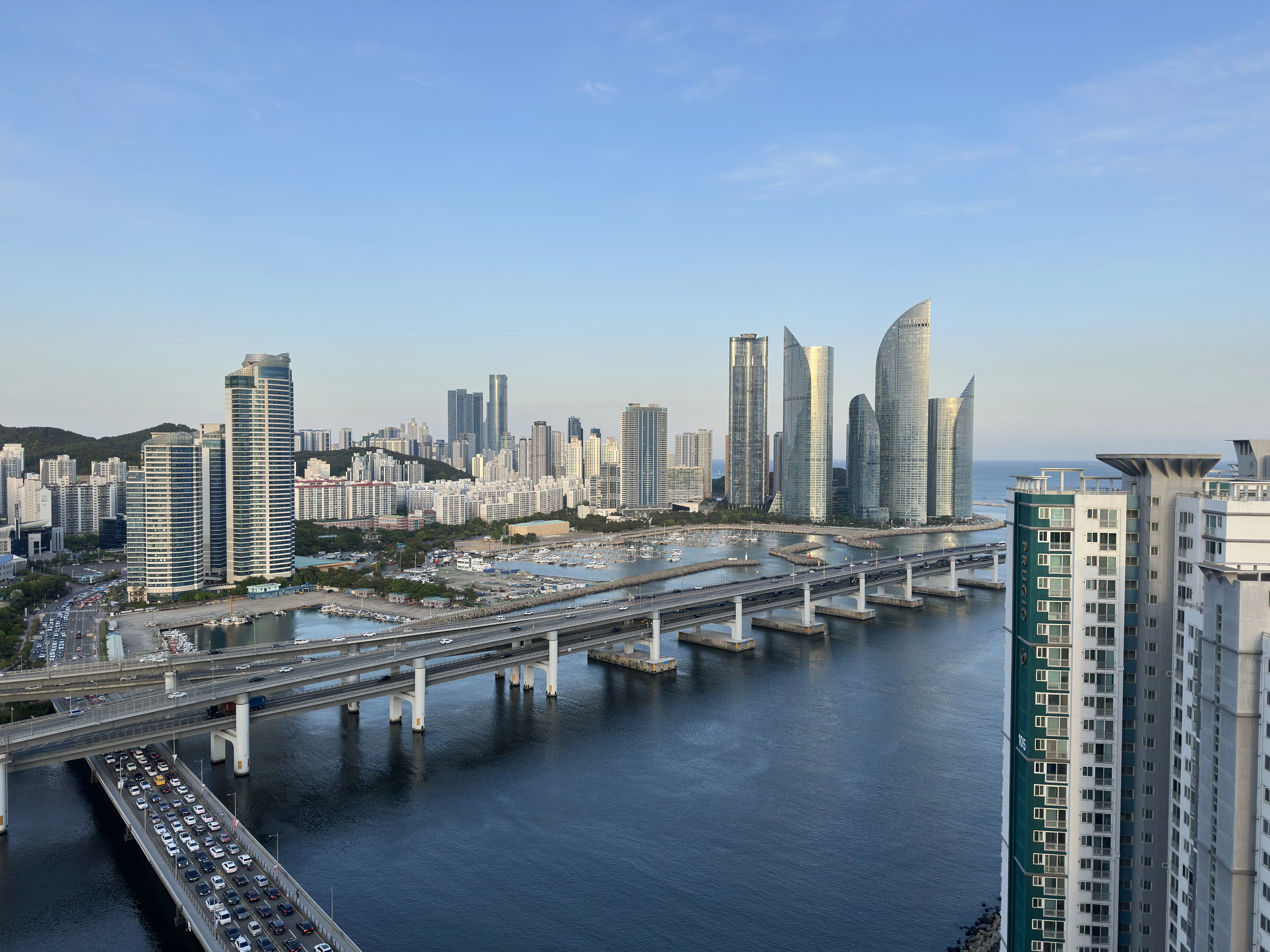 Haeundae skyline and Gwangandaegyo Bridge seen from above Marine City